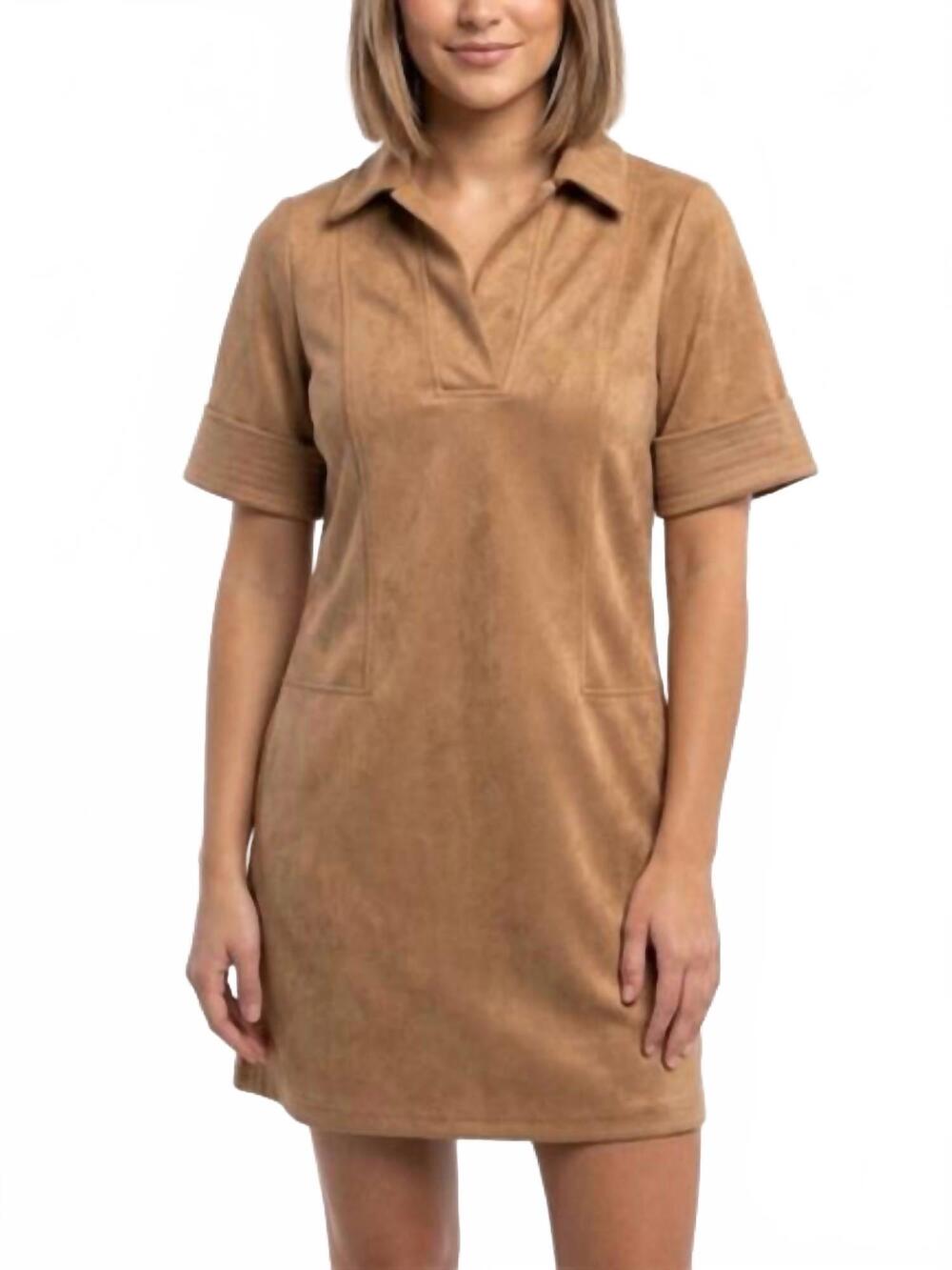 NEW THML short sleeve mini shirt dress in camel suede